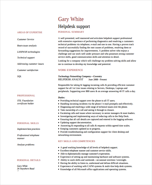 FREE 8+ Help Desk Technician Resume Templates in PDF | MS Word