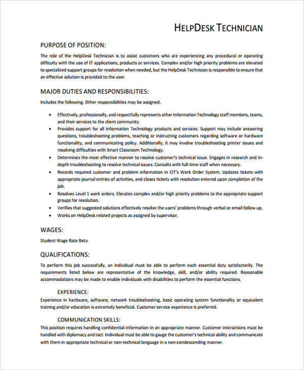 Sample Cv Help Desk Technician Sample Resume For Experienced IT Help 