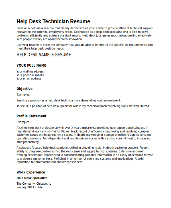 help desk technician resume format