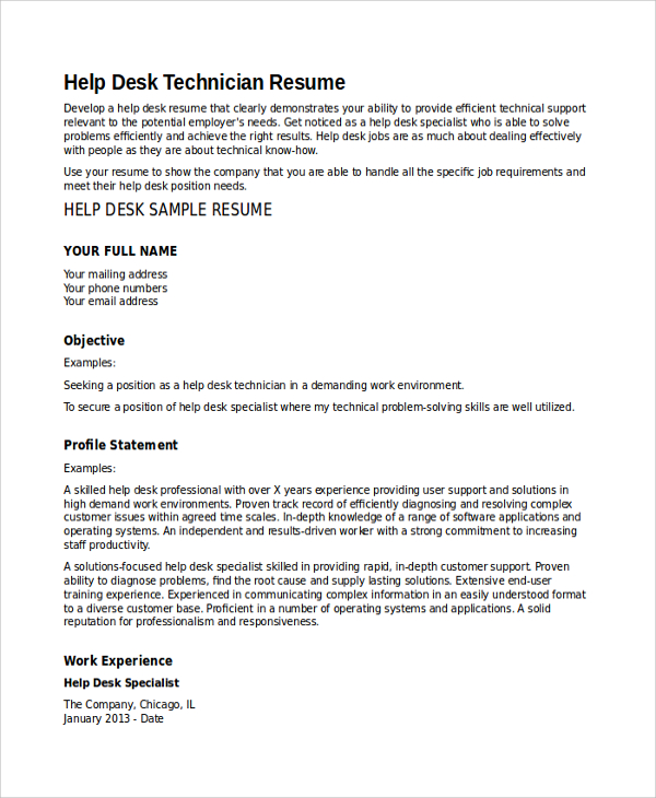 resume summary examples for help desk technician