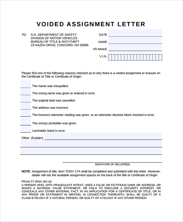 example of letter of assignment