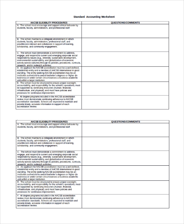 standard accounting worksheet template