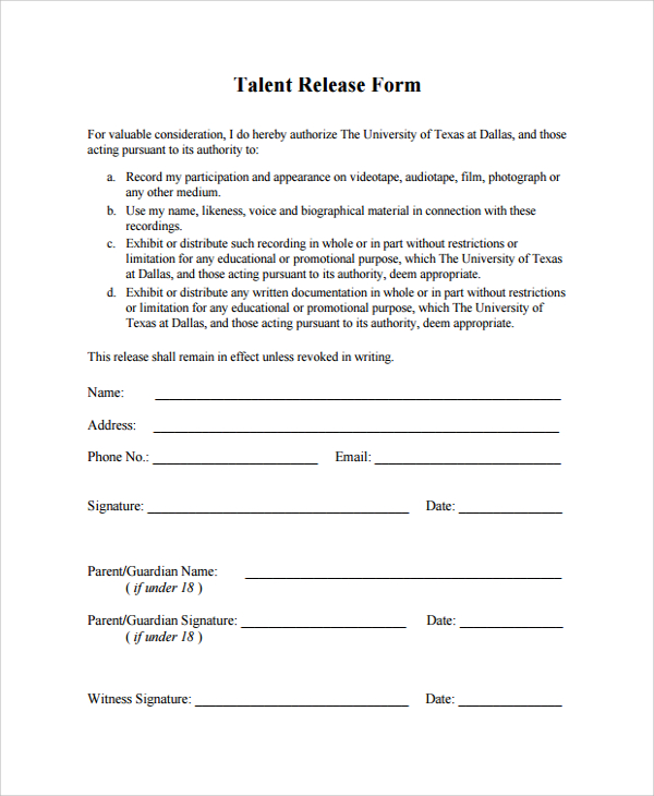 FREE 9+ Sample Talent Release Form Templates in PDF MS Word