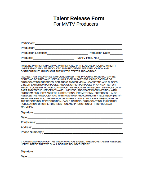FREE 9+ Sample Talent Release Form Templates in PDF | MS Word