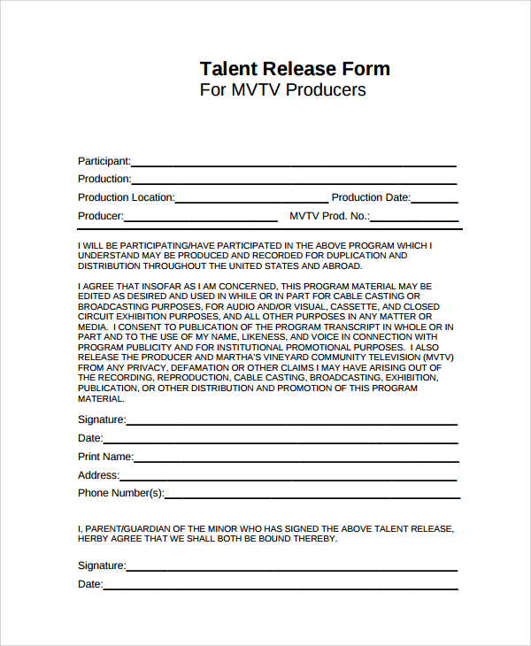 Talent Release Agreement Template HQ Printable Documents