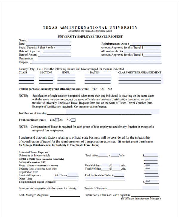 university travel request form template