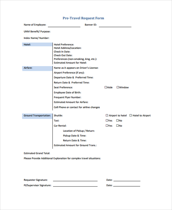 pre travel request form template