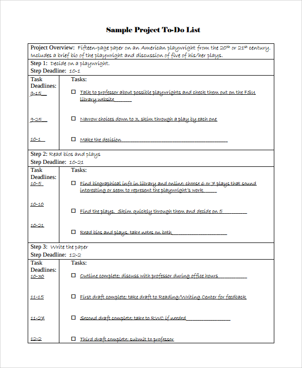 FREE 6+ Sample Project to do List Templates in PDF