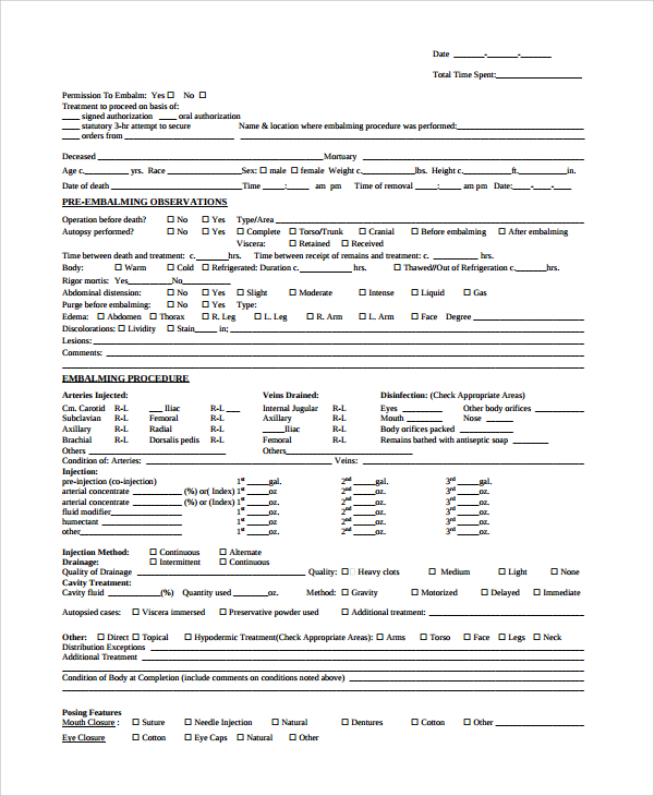 Printable Embalming Report Template