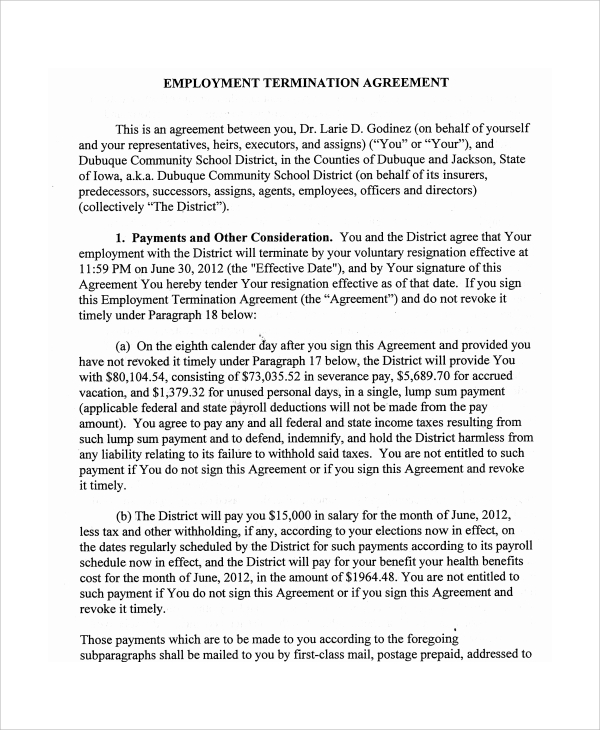 employment termination agreement example