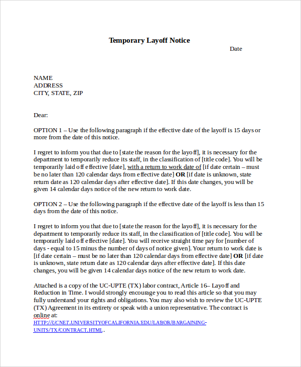 FREE 6+ Sample Layoff Notice Templates in PDF MS Word