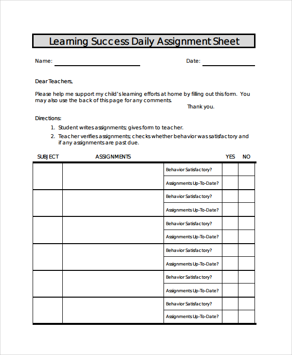 daily assignment sheet template