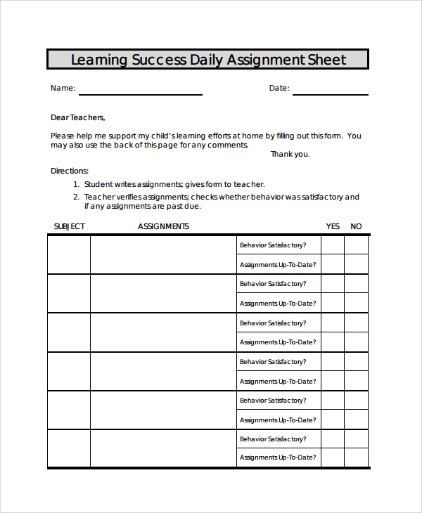 printable assignment sheet template for students