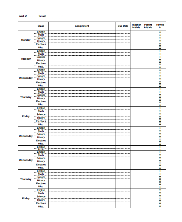 weekly assignment sheet template