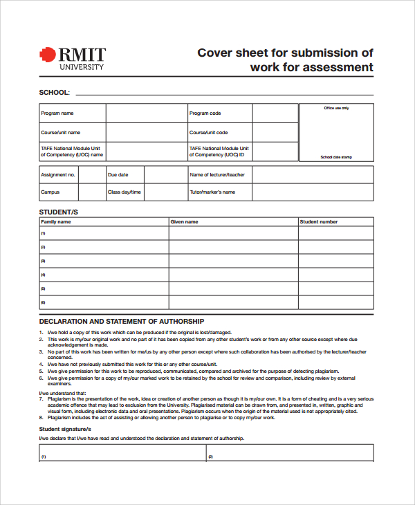 submission of work assessment sheet