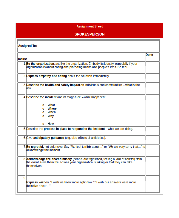 sample assignment sheet template