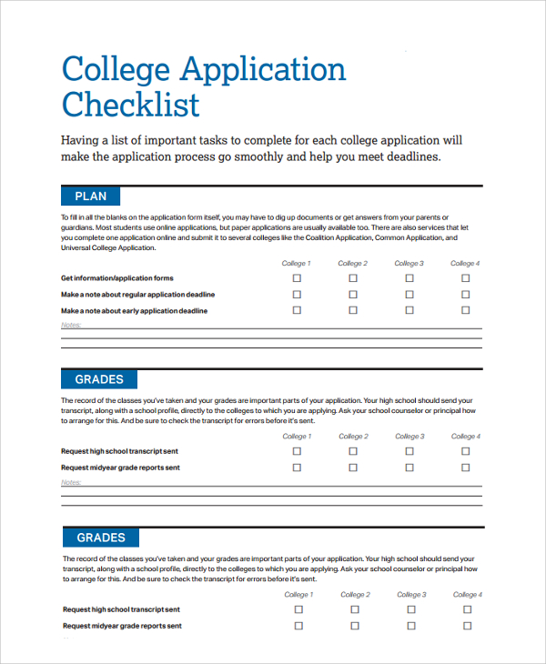 application checklist template