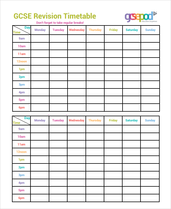 regular revision timetable template