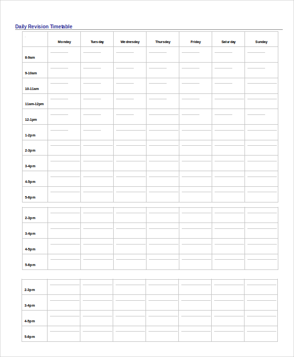 daily revision timetable template