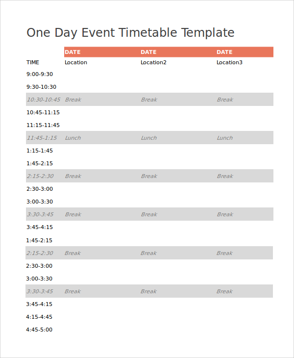 one day event timetable template