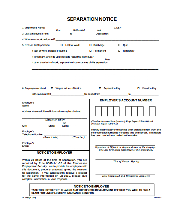 Printable Separation Notice Template