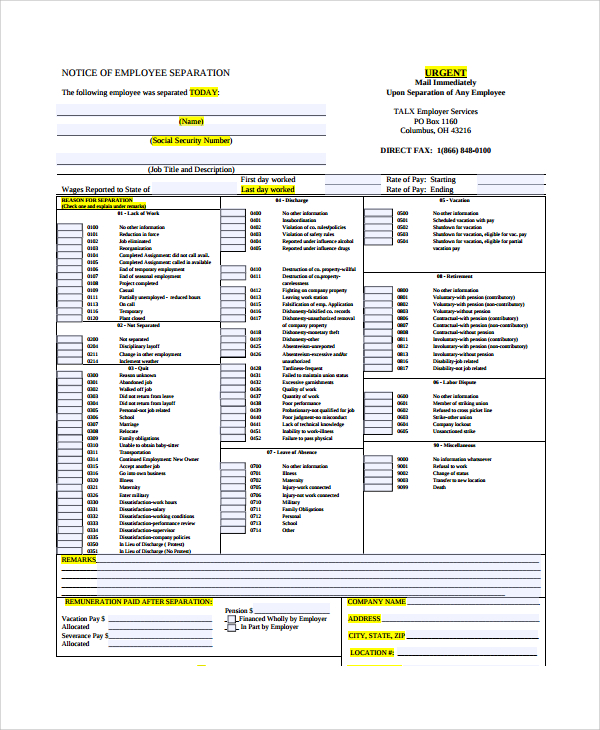 Employee Separation Notice Template