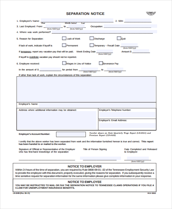 FREE 9+ Separation Notice Templates in PDF | Google Docs | MS Word