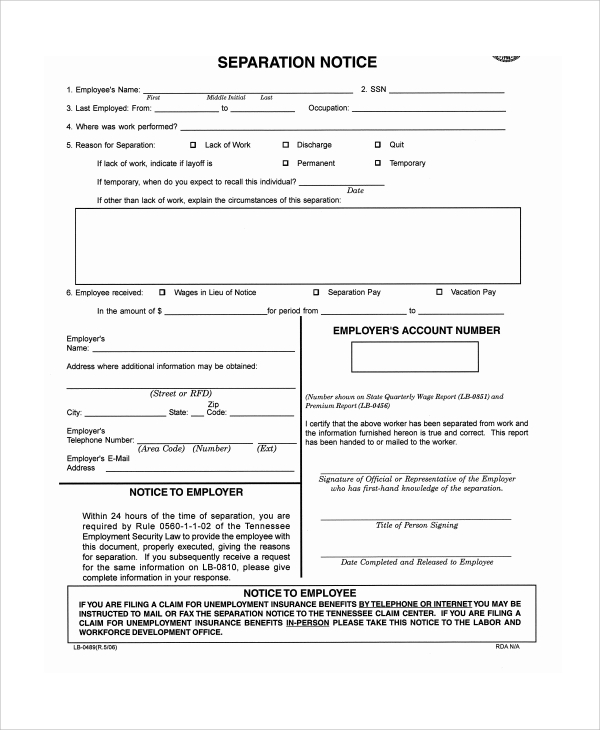 labour work force separation notice template
