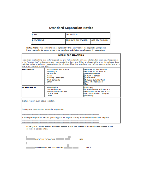standard separation notice template