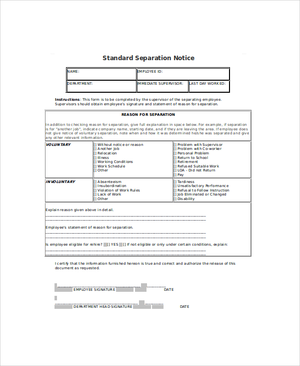FREE 9 Separation Notice Templates In PDF Google Docs MS Word