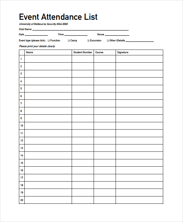 event attendance list template