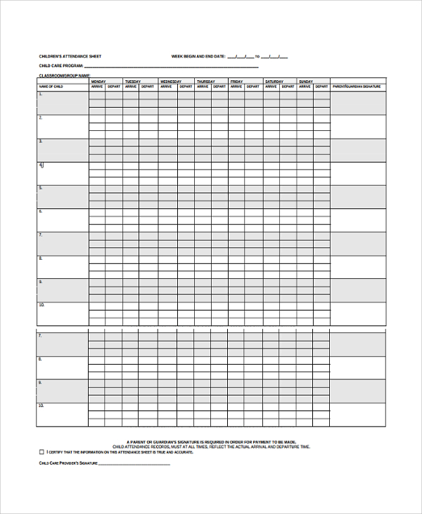 children attendance list template