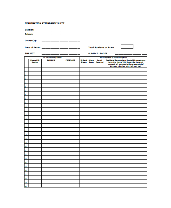 examination attendance list template