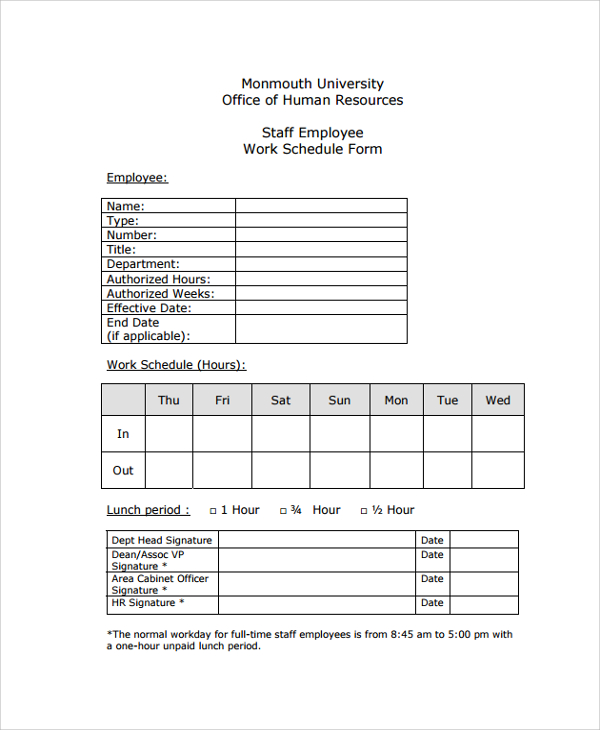 employee staff work schedule template