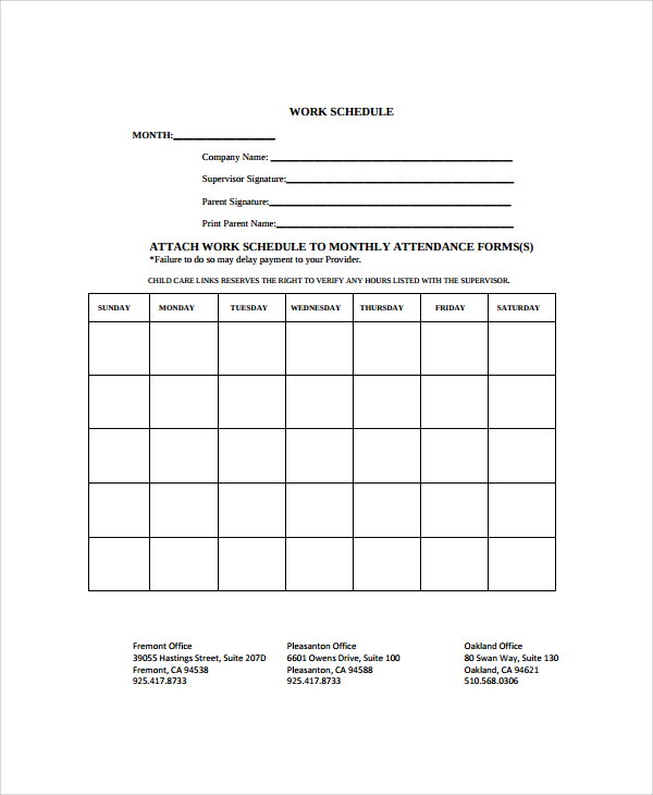 free 7 sample monthly work schedule templates in pdf ms word excel