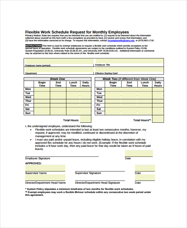 flexible work schedule request for monthly employees