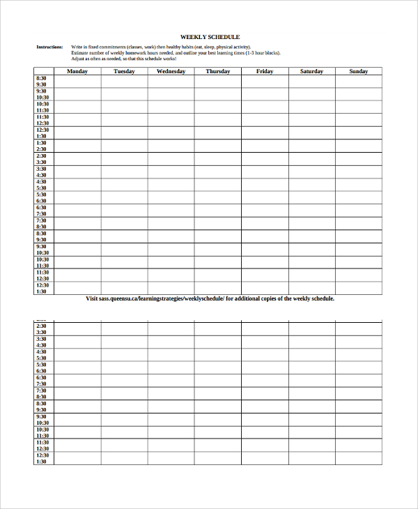 weekly work schedule template