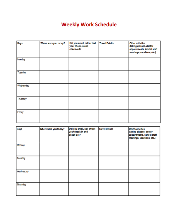 staff weekly work schedule template