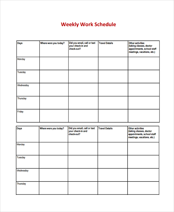 weekly work schedule template