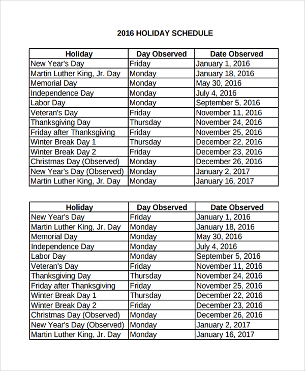 FREE 9 Sample Vacation Schedule Templates In PDF MS Word Excel