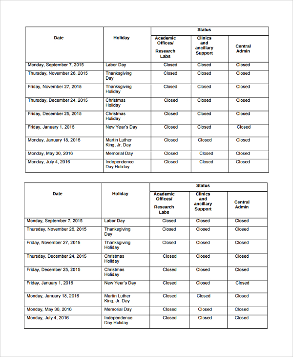 faculty vacation schedule template