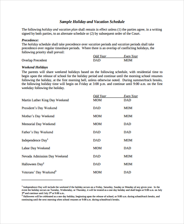 FREE 9 Sample Vacation Schedule Templates In PDF MS Word Excel