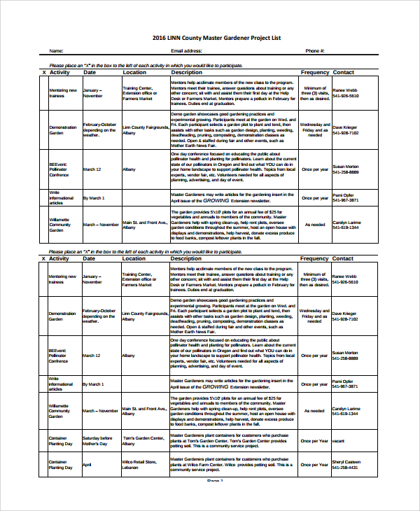 master project list template