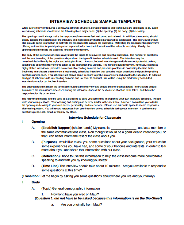 classmate interview schedule template