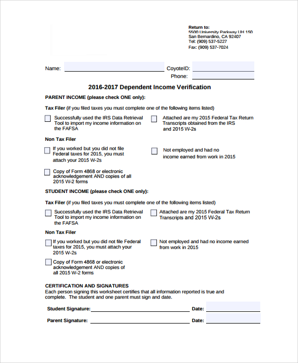 dependent income verification form1