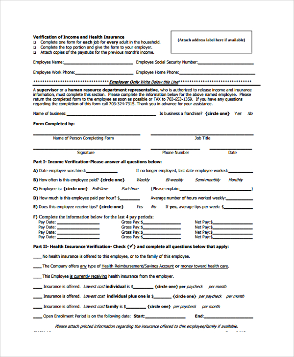 verification of income and health insurance