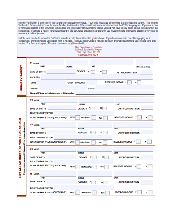 scholorship income verification form