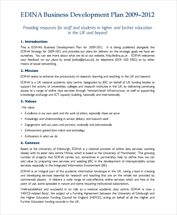 development of business plan example