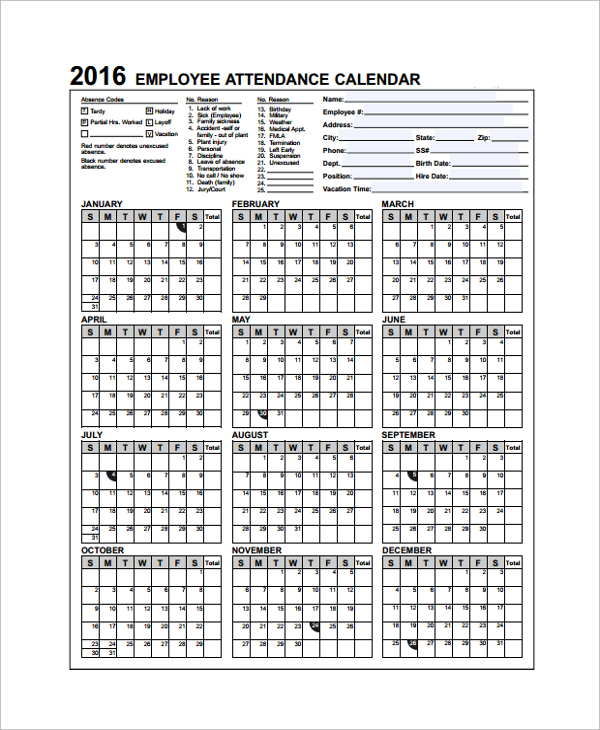 Free 8 Sample Attendance Calendar Templates In Pdf Ms Word