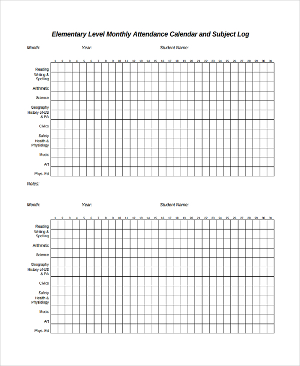 monthly attendance calendar template